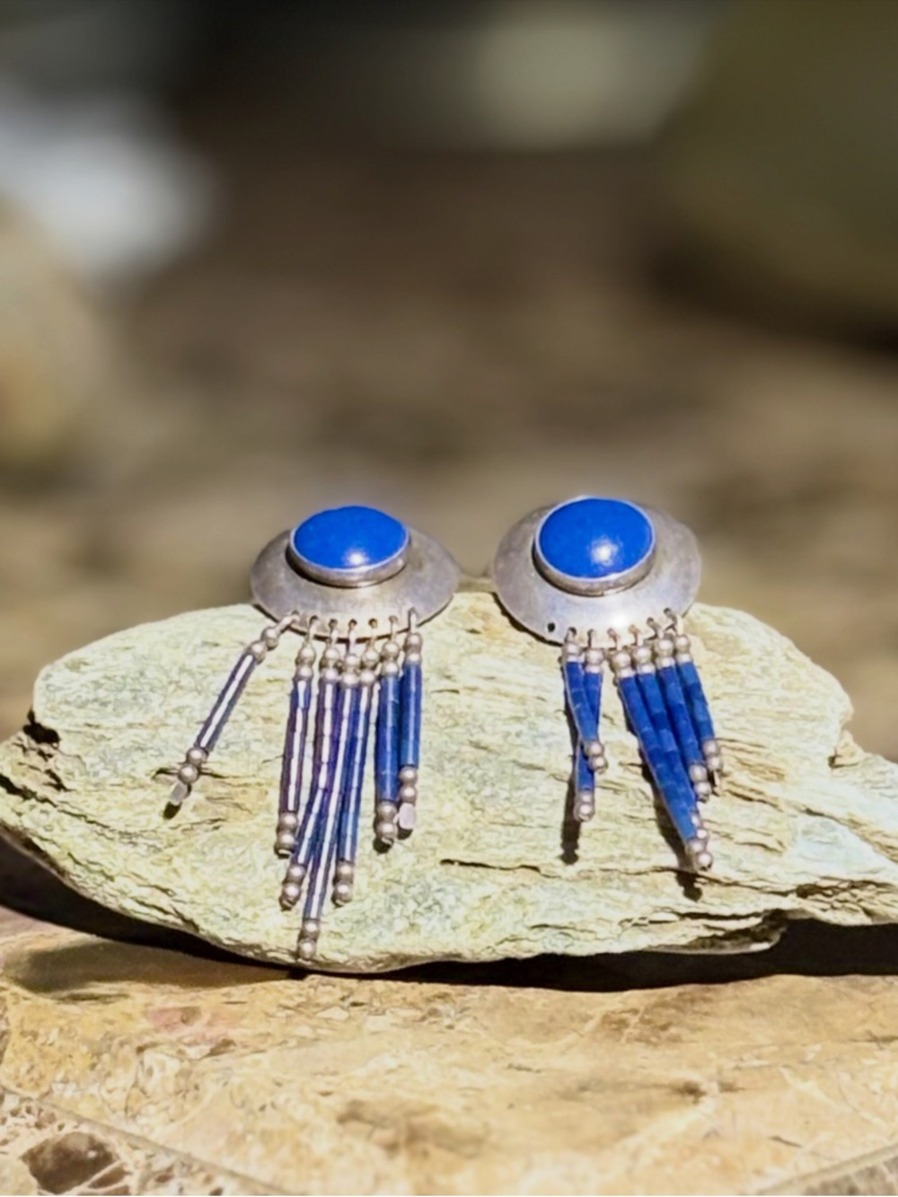 Blue Stone Fringe Drop Earrings in Sterling Tone